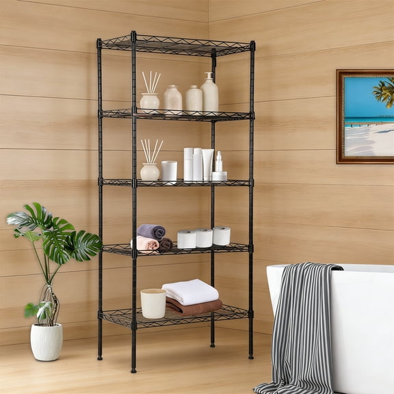 5-Tier Wire Storage Shelves, 22" x 12" x 48", Black, with Adjustable Racks, Heavy-Duty Metal Shelf, Holds Up to 750 lbs, No-Tool Assembly, Ideal for Home & Garage Shelving