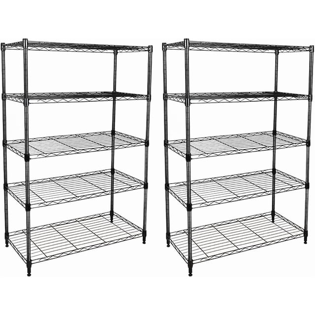5-Tier Wire Storage Shelves, 30" D x 14" W x 63" H,1250 lb Load Capacity, Black,2-Pack