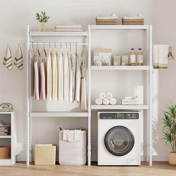 5-Tier Wood Over-The-Washer Dryer Storage Shelf - Heavy-Duty Laundry Room Organizer with Adjustable Height, Space-Saving Design, and Rustic Home Decor for Bathroom