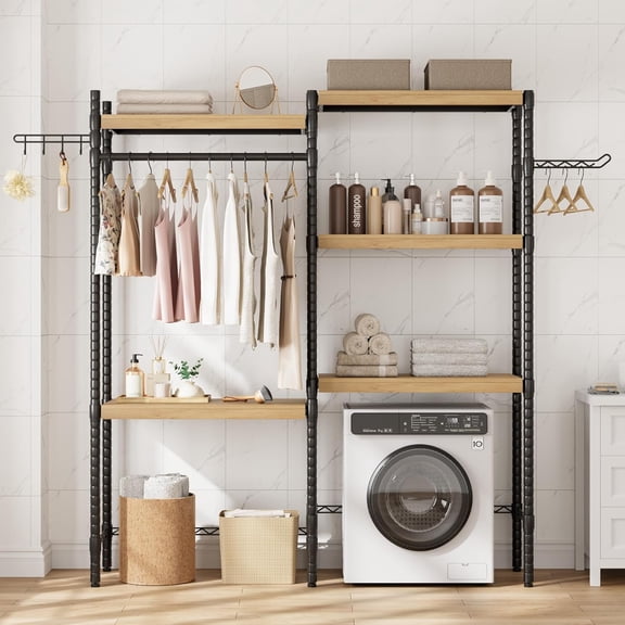 5-Tier Wood Over-the-Washer Dryer Storage Shelf 28" A+B - Adjustable Height Laundry Organizer with Double-Layer Wood Shelves, Space-Saving Design for Bathroom, Laundry Room, or Balcony