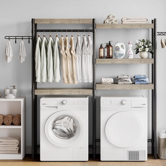 5 Tier Wood Over The Washer and Dryer Storage Shelf,30" A+B Adjustable Height Laundry Room Shelf,Laundry Room Organization for Hanging Towels and Drying Clothes,h Double-Layer Wood Shelves, Space-Savi