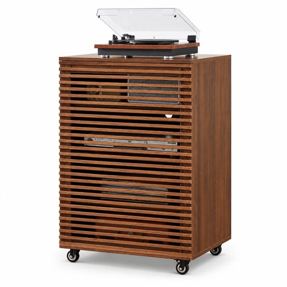 5-Tier Wooden AV Media Cabinet with Grille Door and Adjustable Shelves, Audio Video Stand with Cable Management and Rolling Wheels for Living Room, Gaming Room, Recording Studio, Walnut Finish