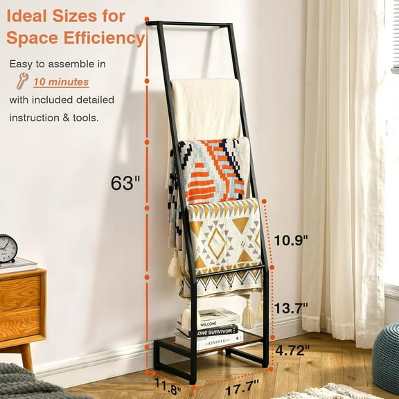 5 Tier Wooden Blanket Ladder Storage Rack for Living Room and Bedroom, Rustic Brown and Black