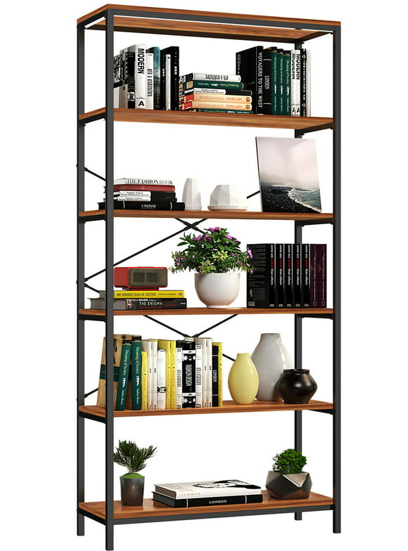 5-Tier Wooden Bookcase Storage Shelves Organizer, Retro Bookshelf Plant Display Shelf, Wood and Steel Frame Open Wide for Balcony