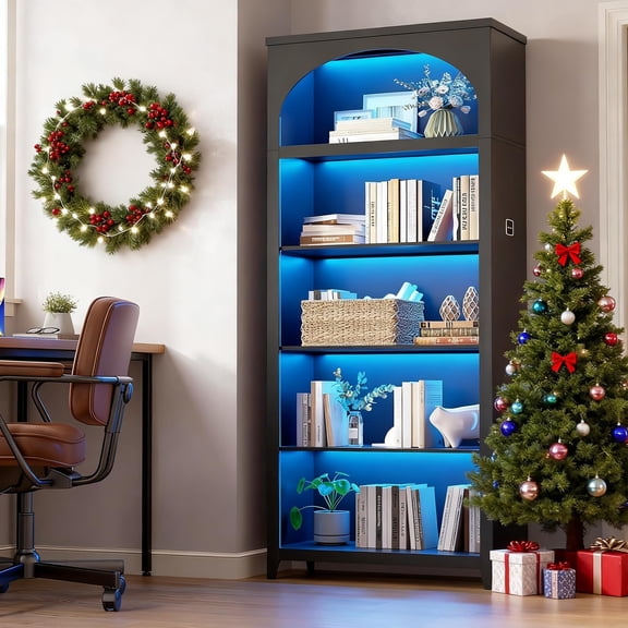 jajov 5-Tier Wooden Bookshelf with LED Lights, 70 Inch Tall Bookshelf with Storage, Floor Standing Modern Style Display Bookcase for Living Room, Office, Study Room, Entryway - Black