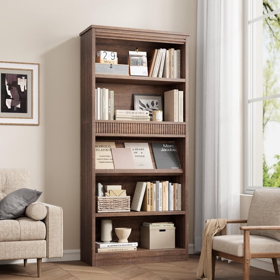 5-Tier Wooden Bookshelf, Open Bookcase Large Capacity Rustic Wood Bookcase, Sturdy MDF Construction, Easy Assembly, Perfect for Living Room, Bedroom & Study