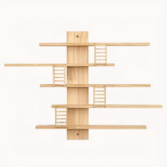5-Tier Wooden Display Shelf - Vintage European Wall-Mounted Storage with Ladder & Hooks, Ideal Home Office Decor, Multifunctional Ornament Storage, Rustic Floating Shelving Unit