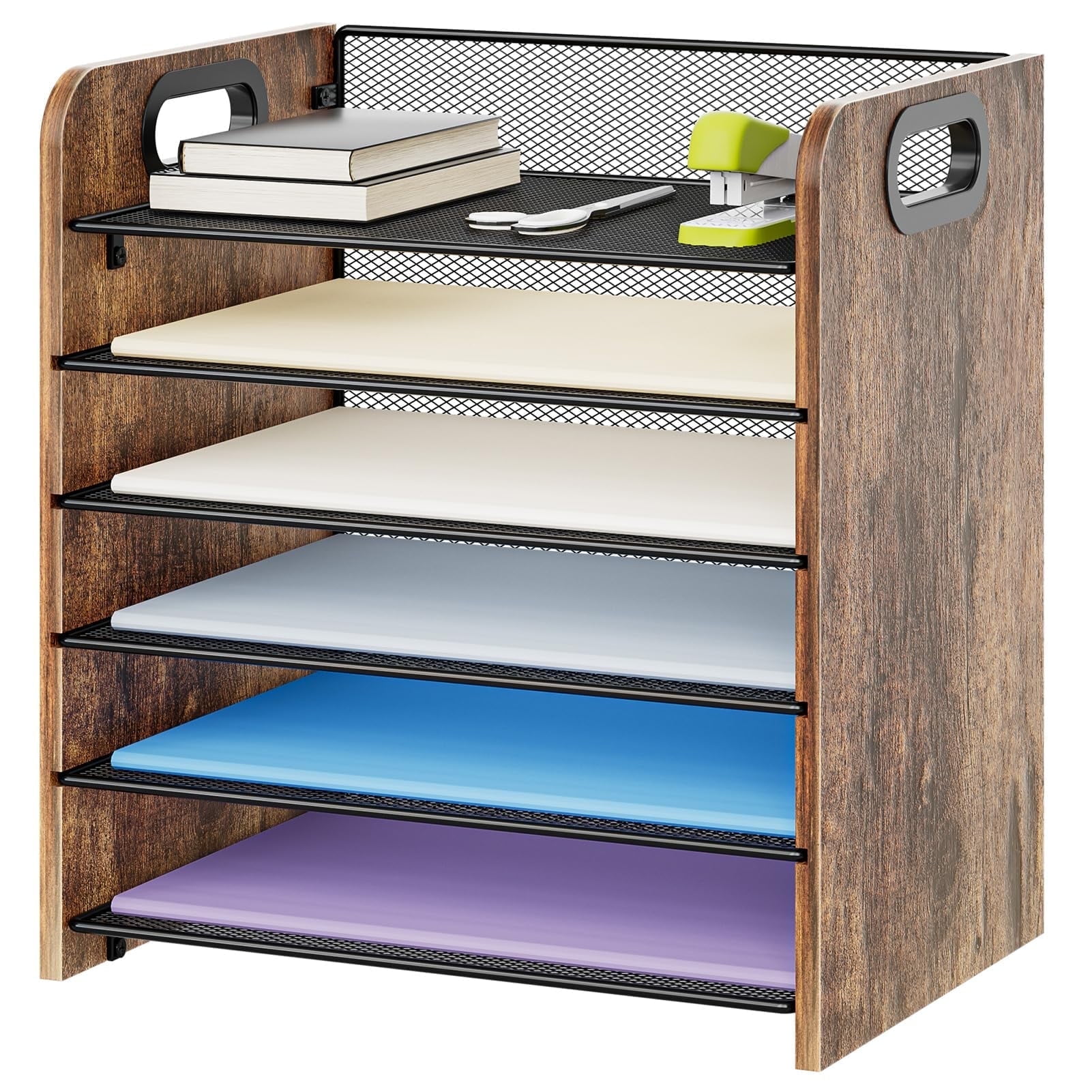 Marbrasse 6-Tier Wooden and Metal Mesh Desk Organizer with Handles, Office Paper Tray Letter Organizer for Home or Office