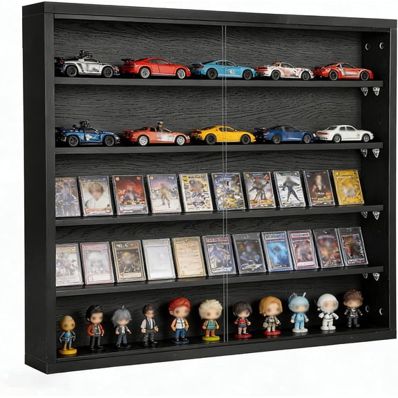 KCRasan 5 Tier Wall Mounted Curio Cabinet No Assembly Required Ready to Use, Tempered Glass Door with Adjustable Shelves for Bedroom Playroom ,Black