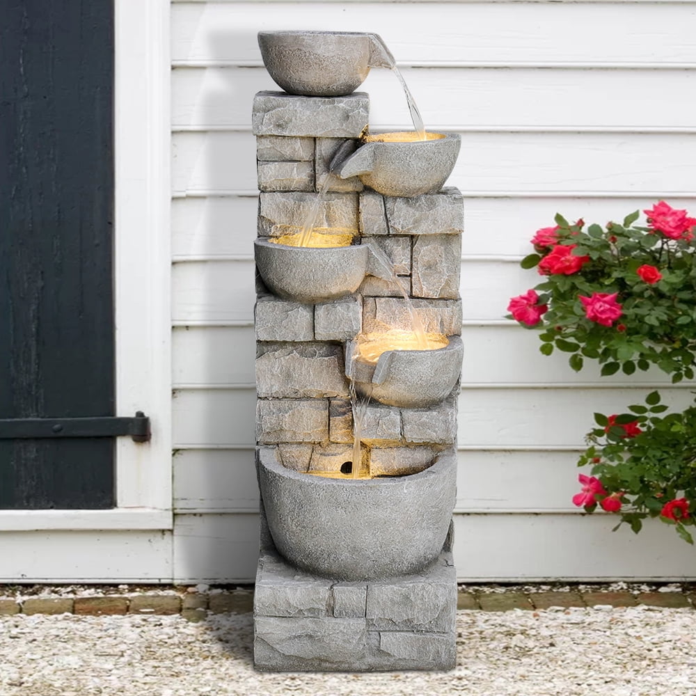 5 Tiered Bowls Outdoor Water Fountain with LED Lights - 39.3" High Waterfall Fountain for Garden Patio Backyard Decking Décor
