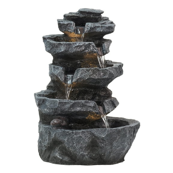 5-Tiered Cascading Rock, 22" High Outdoor Garden Waterfall with LED Lights And Pump, Resin Water Fountain for Garden Patio Yard Deck Decor Featuring Natural Stone Look