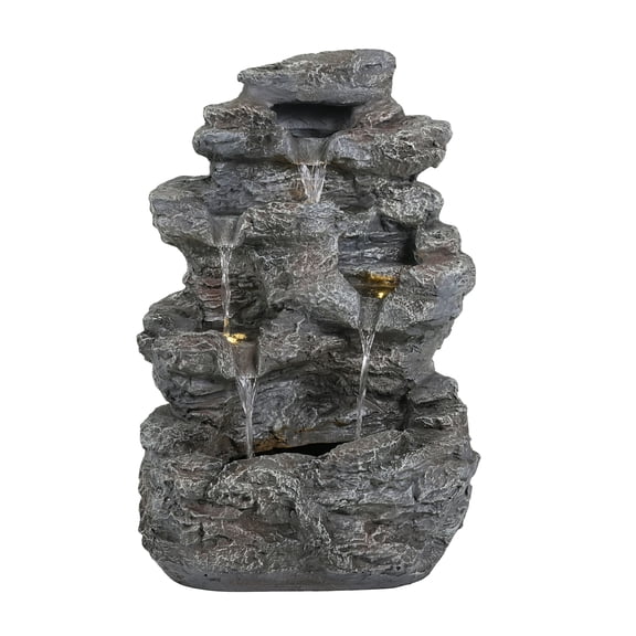 5-Tiered Concrete Tall Slim Fountain, 23.85"H LED-Lit Column, Space-Saving Modern Outdoor Accent, All-Weather Resistant