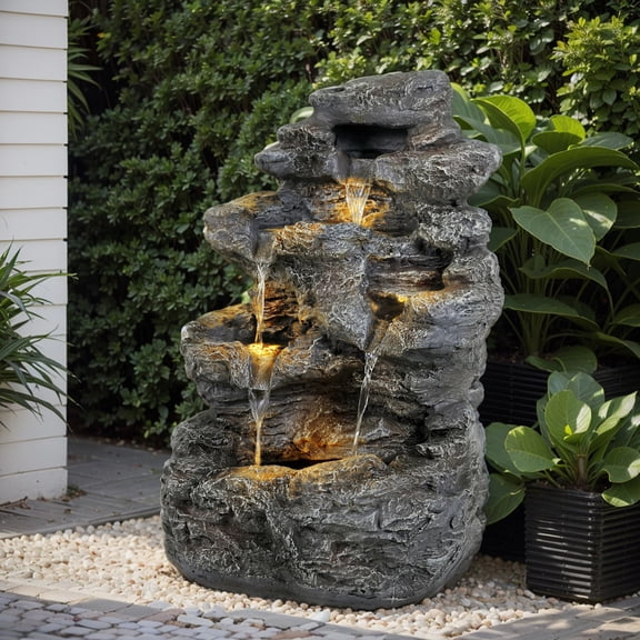 5-Tiered Concrete Tall Slim Fountain, 23.85"H LED-Lit Column, Space-Saving Modern Outdoor Accent, All-Weather Resistant
