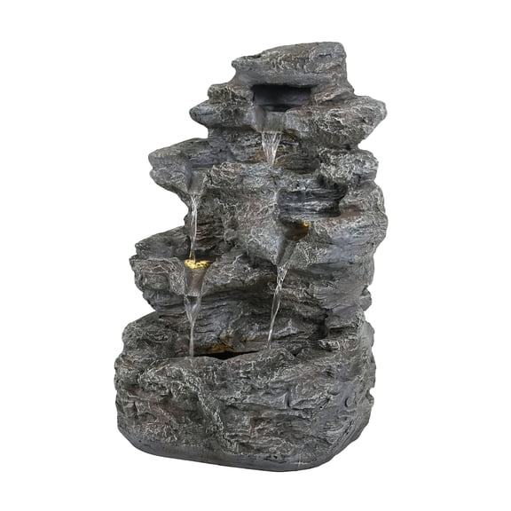 5-Tiered Concrete Tall Slim Fountain, 23.85"H LED-Lit Column, Space-Saving Modern Outdoor Accent, All-Weather Resistant