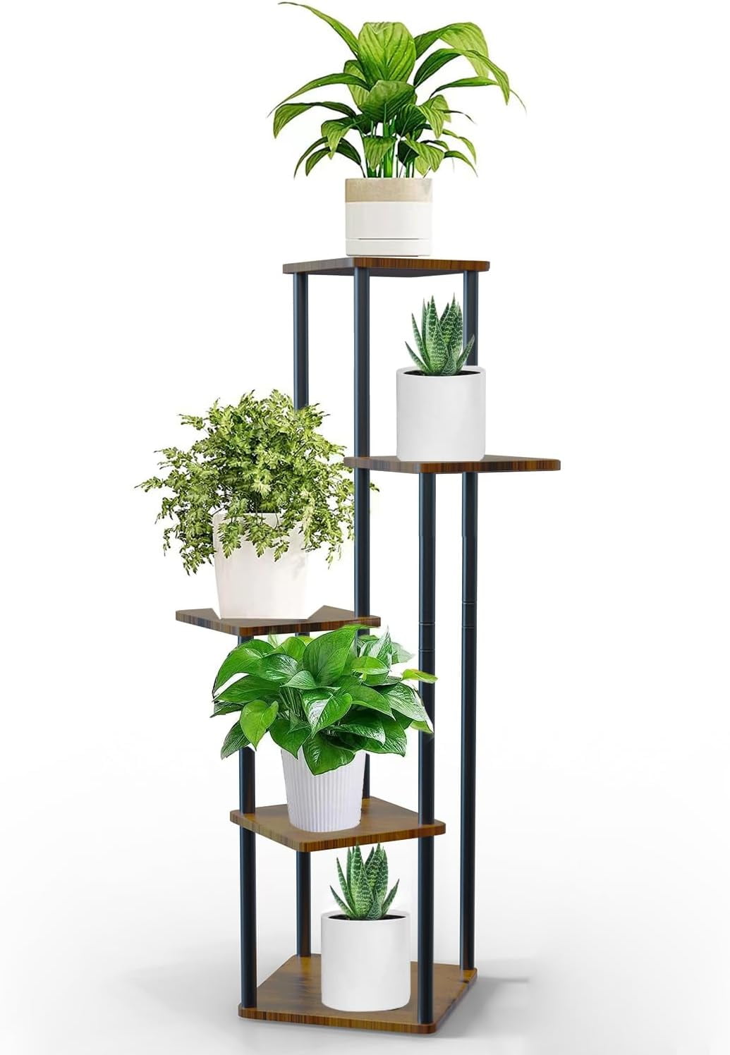 5 Tiered Metal Plant Stand Indoor, Corner Wooden Flower Shelf For