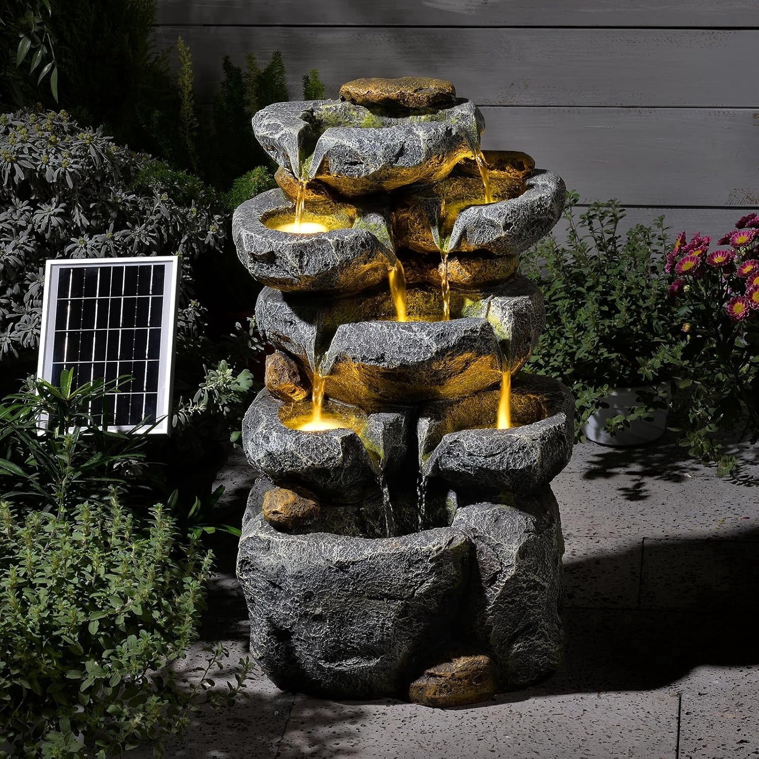 5 Tiered Solar Powered Water Fountain, Solar Water Fountain Outdoor Garden Cascading Rock Water Fall Fountains Outside with Lights for Backyard, Patio, Deck, Porch, 24" H x 13.39" L x 9.6" W