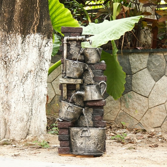 5-Tiered Water Fountain Outdoor 39.37''H Faucet Indoor Waterfall Garden Fountains Farmhouse Water Feature for Backyard Patio Lawn Home Decor with LED Lights