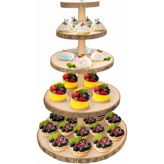 5 Tiered Wooden Cupcake Stand, Rustic Wood Cake Stand, Dessert Display Stand, Detachable Large Wood Slices Round Cupcake Tower Holder for Party and Rustic Wedding Decoration