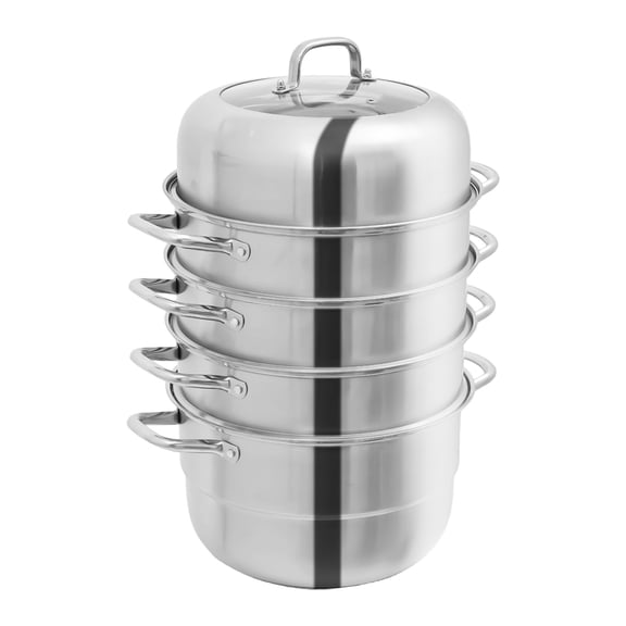 5 Tiers 304 Stainless Steel Steamer Stackable 5 Levels with Glass Lid Diameter 32cm Rustproof for Steaming Steamed Buns, and Boiling Noodles, Soup