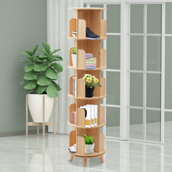 5 Tiers 360 Freestanding Cylindrical Rotating Bookshelf Bookcase Storage Shelf Freestanding Display Rack