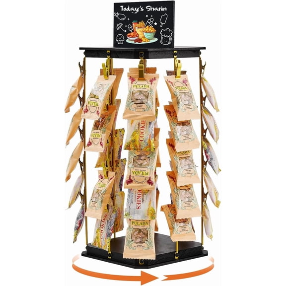 5 Tiers 40 Clips Snack Organizer for Office Desk, Chip Rack Display Stand, 360 ° Rotating Wooden Base Chip Holder Candy Display for Concession Stand, Countertop, Party, With Message Board