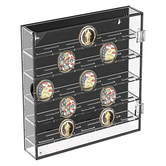 5 Tiers Acrylic Coin Holder, Challenge Coin Display Case, Clear Coin Display Holder with Door, Holds 45 Coins, 10.2 x 11.8 x 2 in
