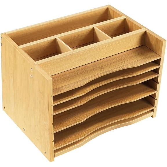5-Tiers Bamboo File Organizer Paper Organizer Mail Sorter Document Letter Trays Desk Organizer with 4 Dividers for Office Home Study Desk Storage (Natural Color)