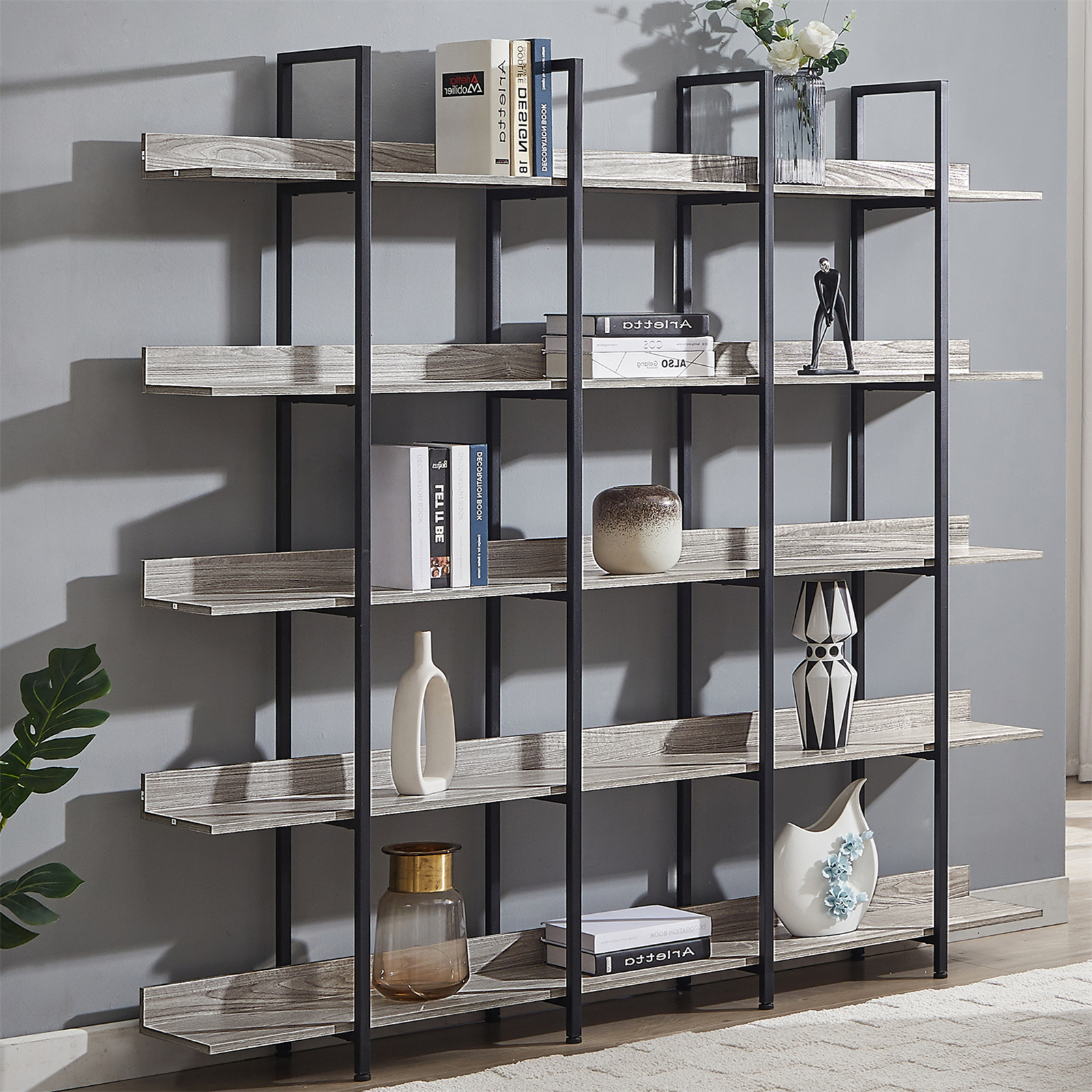5-Tiers Bookcase with Metal Frame, Open Bookshelf,Vintage Industrial ...