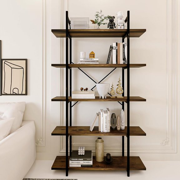 5 Tiers Bookshelf Organizer Industrial Shelf,Modern Open Display Storage Bookcase,Rustic Brown and Metal Bookshelf Standing Storage Shelf Tall Shelving Units for Home Office Study.