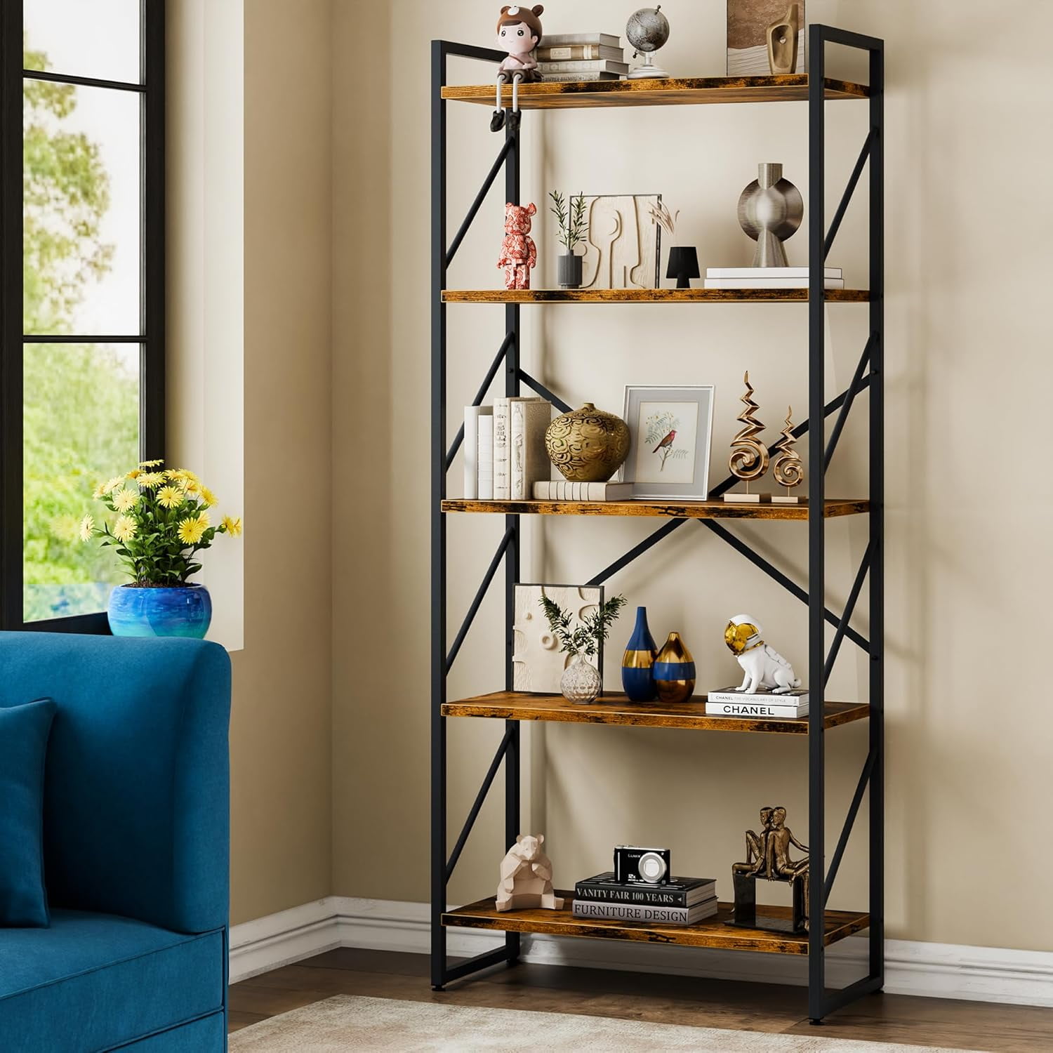 5 Tiers Bookshelf, Tall Wooden Bookcase with Metal Frame, Modern Book ...