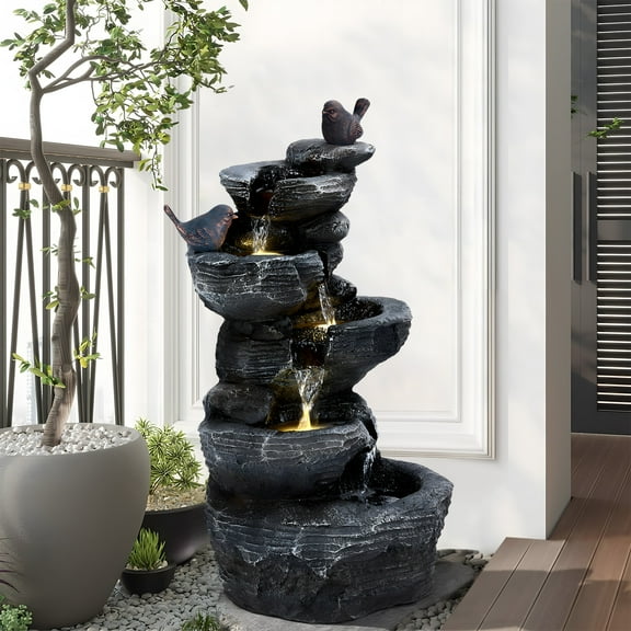 5-Tiers Cascading Rock Water Fountain, Outdoor Water Fountain with LED Light, Outside Patio Water Features Fountain, Garden Waterfall Decor for Patio, Backyard, Porch and Home Art Decor-US Plug