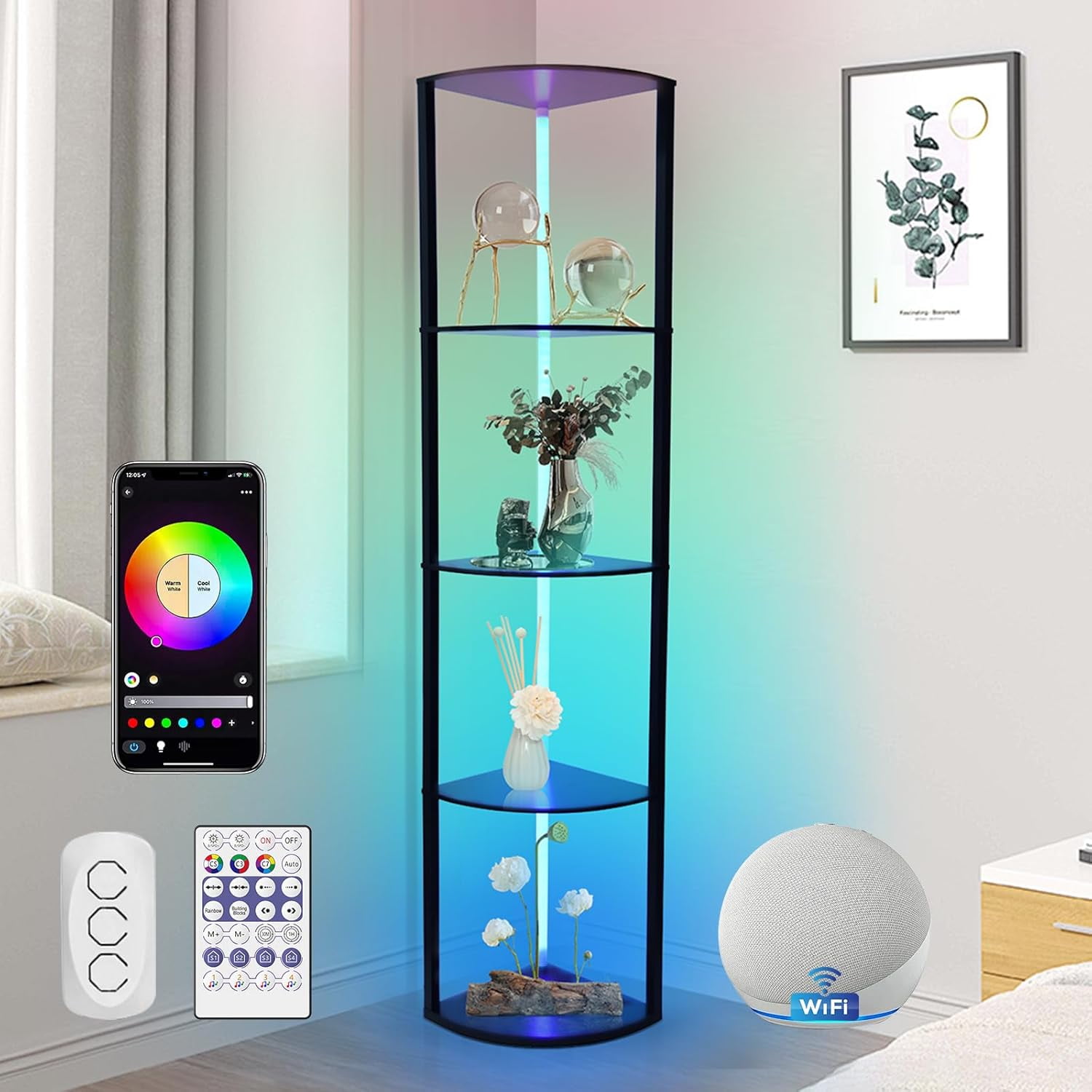 5 Tiers Corner Shelf with Light, WIFI RGB LED Floor Lamp Compatible ...