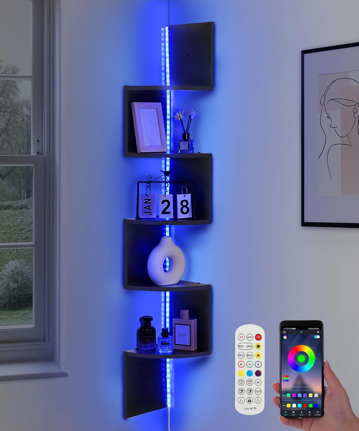 Led Remote Shelf 5 Tiers Corner Shelf with RGB LED Lights 49.2