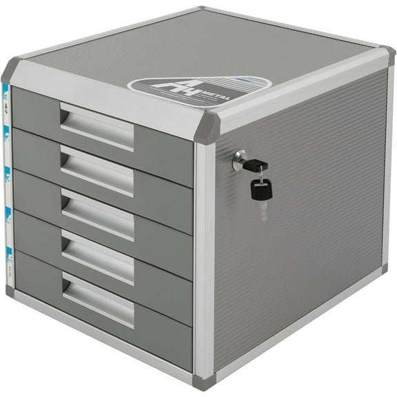 5 Tiers Desktop Drawer Organizer, Aluminum Alloy File Organizer File Cabinet, Office Papers Organizer Drawer Organizer with Lock, 12.4'' W x 13.8'' L x 11.7'' H, Grey