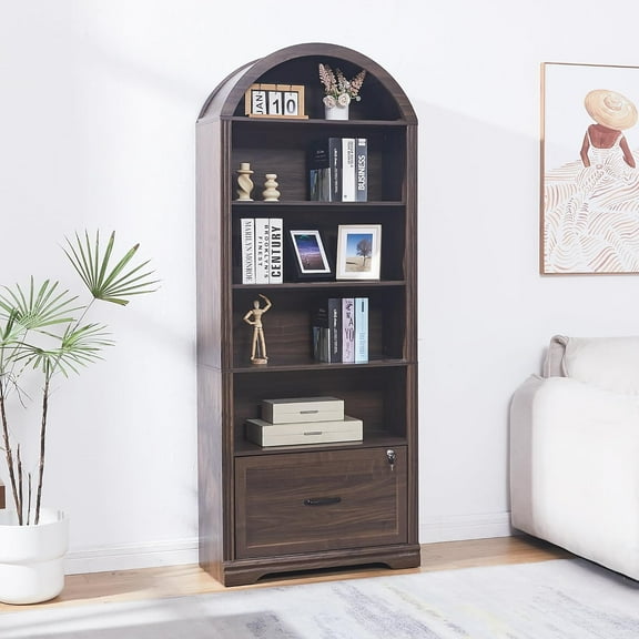 5 Tiers Farmhouse Arch Bookshelf with Lockable Drawers,70”Tall Bookshelf with Adjustable File Cabinet,Vintage Arch Bookcase for Home Office (Walnut)