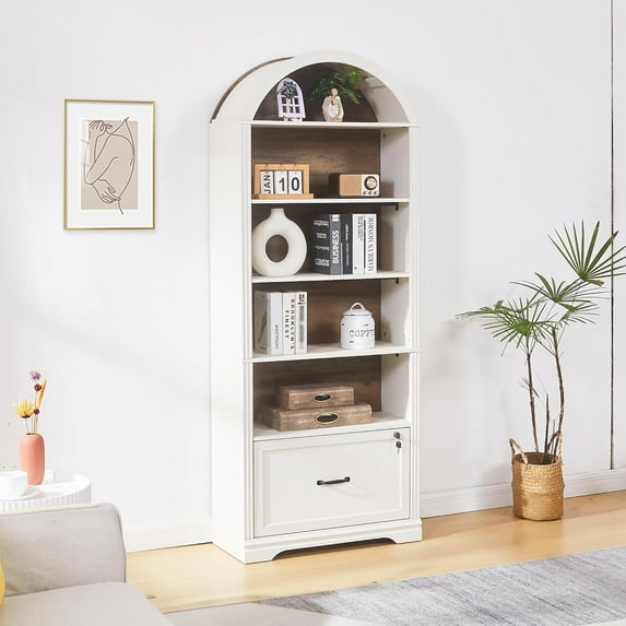 5 Tiers Farmhouse Arch Bookshelf with Lockable Drawers,70”Tall Bookshelf with Adjustable File Cabinet,Vintage Arch Bookcase for Home Office (White)