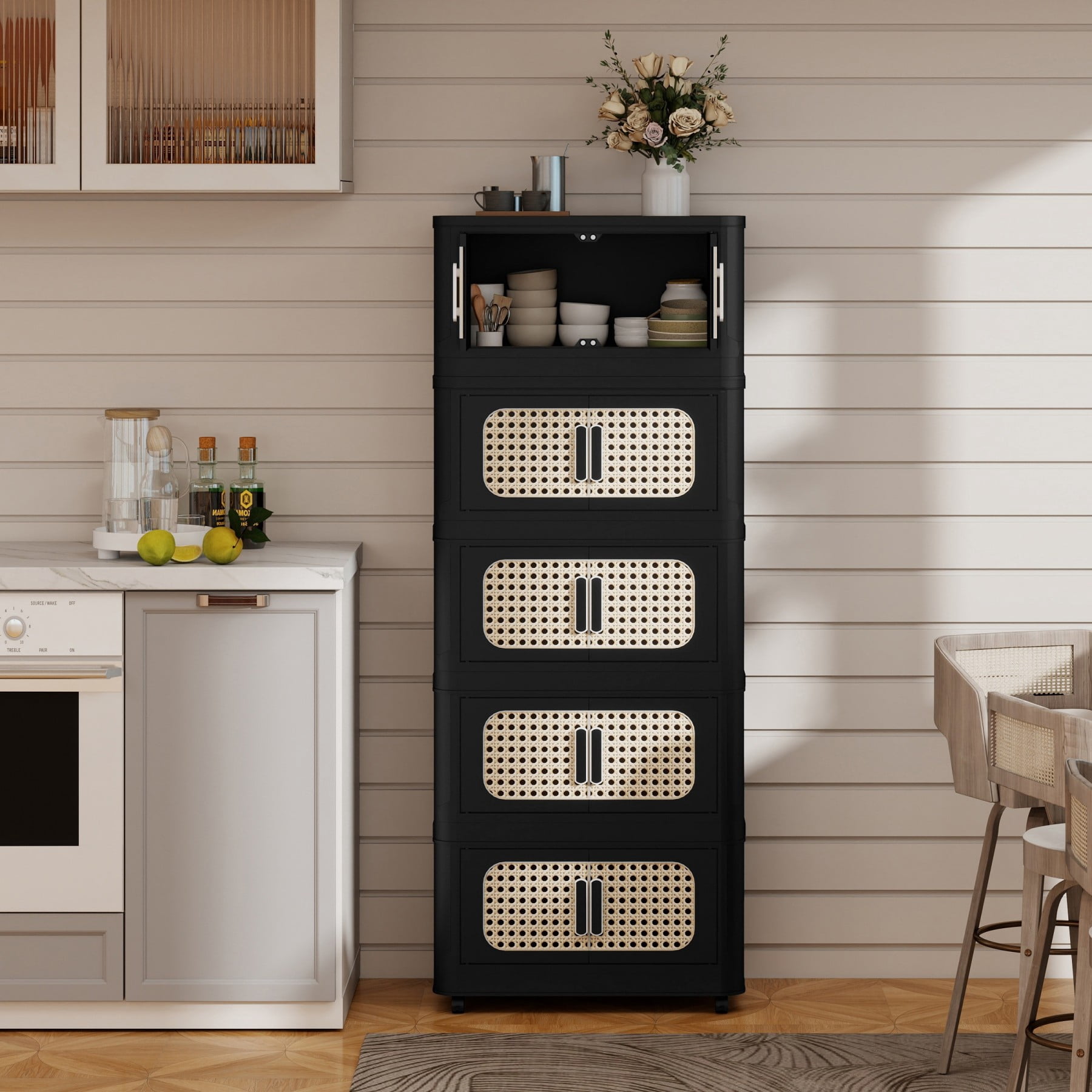 5 Tiers Folding Storage Cabinet,20" W Collapsible Storage Bins with Magnetic Door,Plastic Storage Cabinet with Wheels for Bedroom, Living Room,Black