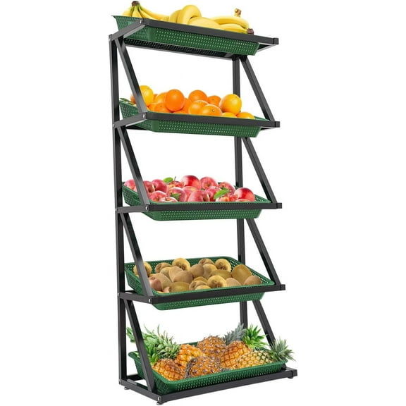 5 Tiers Fruit Vegetable Basket Stand with 5 Baskets, 26 x 14 x 59 inch Retail Market Display Rack, Metal Fruit Vegetable Snack Basket Set Shelf for Retail Stores (Green)