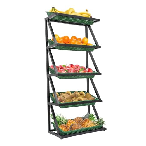 5 Tiers Fruit Vegetable Basket Stand, Retail Display Rack with 5* Baskets Vegetable Produce Basket Storage Bins Rack, Kitchen Storage Rack Vegetable Storage Basket for Kitchen, Garage (Green)