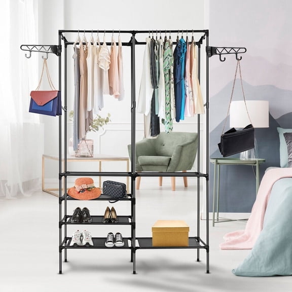 5 Tiers Heavy Duty Clothing Rack Garment Storage Rack  with Shelves and 4 Hook, 33.8"L x 17.3"W x 68.5"H, Max Load 115.23LBS, Metal, Black