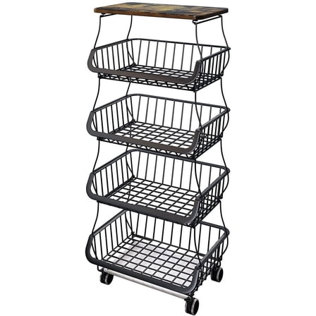 5 Tiers Kitchen Storage Baskets with Wheels, Metal Vegetable Fruits Baskets Storage Cart Pantry Snack Cart for Kitchen Bathroom Living Room