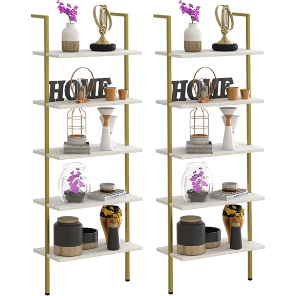 5 Tiers Ladder 2-Piece Shelf White Marble Modern Bookshelf Open Tall Wall Mount Bookcase Standing Leaning Wall Shelves Industrial Decorative