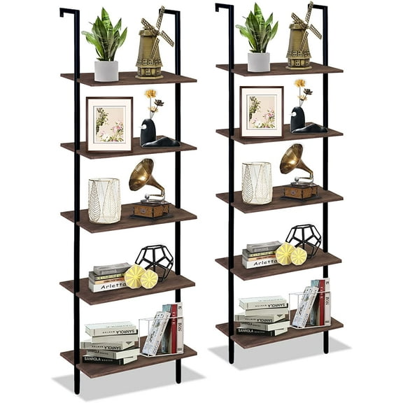 5 Tiers Ladder Shelf 2-Piece Black Modern Tall Bookshelf Open Large Tall Wall Mount Storage Bookcase Standing Leaning Wall Shelves Industrial Decorative (Brown)