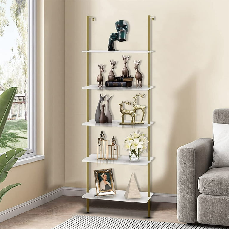 5 Tiers Ladder Shelf White Marble Modern Bookshelf Open Tall Wall