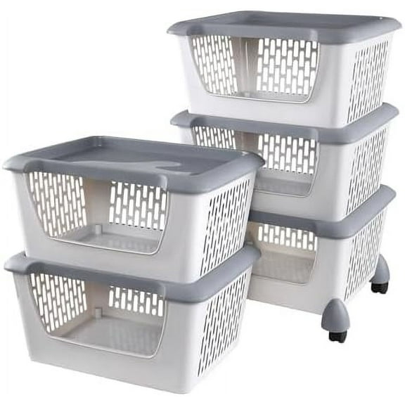 5 Tiers Large Plastic Storage Basket Rack with Wheels, Rolling Open Front Stackable Storage Bin, Grey$$Office