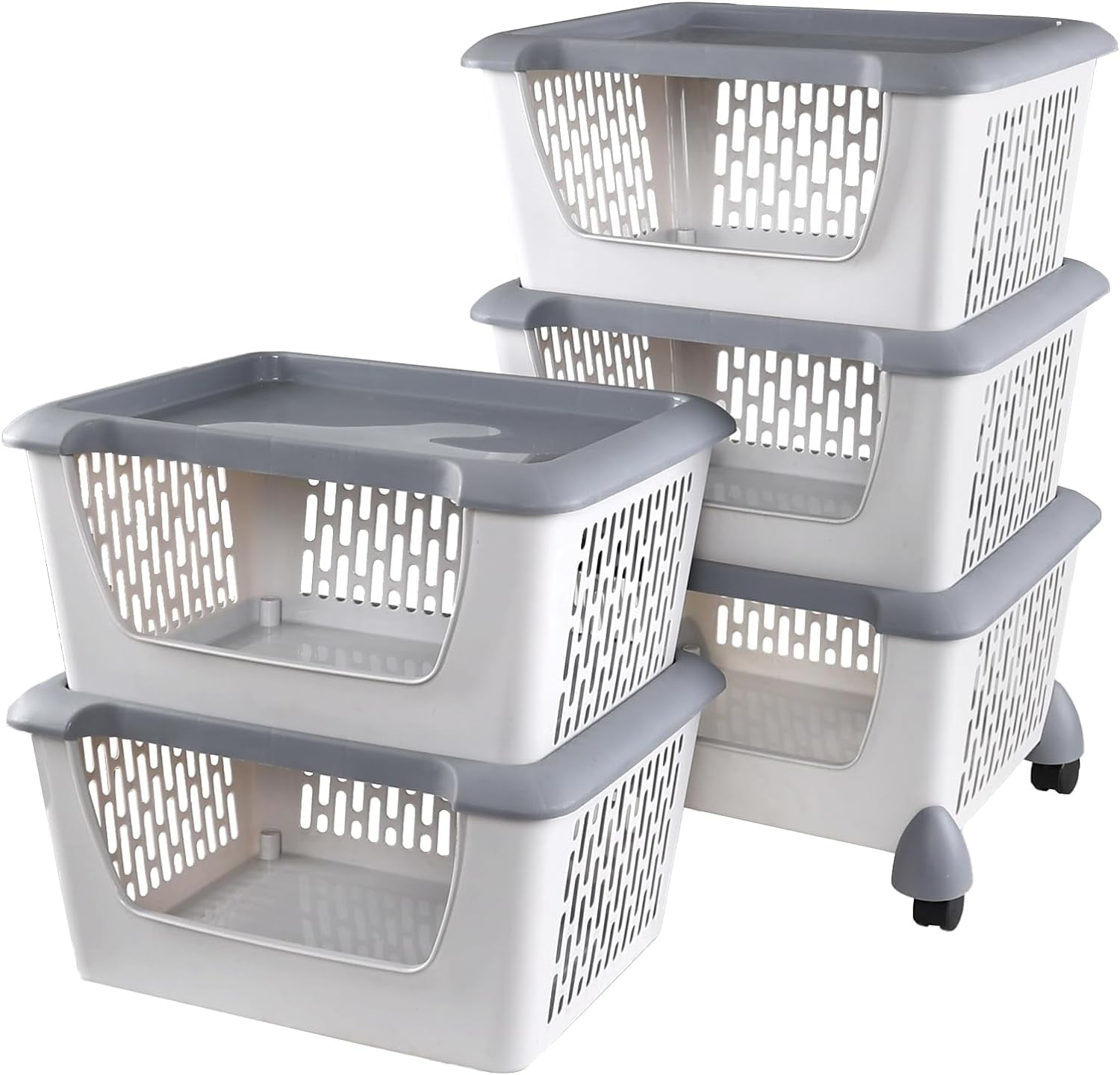 5 Tiers Large Plastic Storage Basket Rack with Wheels, Rolling Open ...