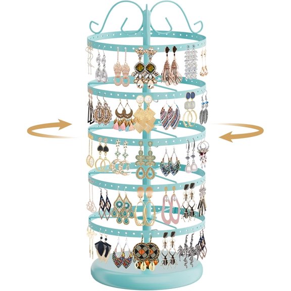 5 Tiers Metal Rotating Earring Holder Organizer, Exquisite Earring Display Stand Necklace Rack Holder, Jewelry Tower 220 Holes For Women Girls- 14X6.3 Inch (Blue)[Z6548]