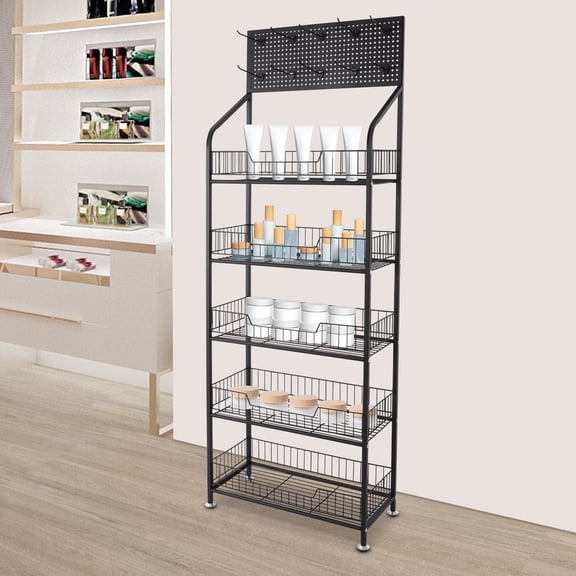 5 Tiers Modern Black Retail Display Rack Snack Display Organizer Snack Rack Standwith Hooks