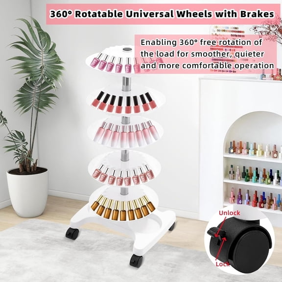 5 Tiers Nail Polish Trolley Display Organizer, 360 Rotating Nail Polish Rack Holder with Wheels, Up to 120, Rotating Essential Oil Display Stand for Home Spa Business Salon, White