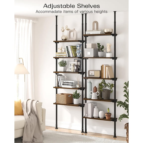 5 Tiers Narrow Bookshelf, Tall Adjustable Ladder Shelf with Open Storage, Floor to Ceiling Tension Mount, Wooden Industrial Bookcase for Living Room, 92 to 116 Inch, Brown
